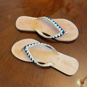 Handcrafted leather Women’s Flip Flops with Navy Patterned Beaded Straps